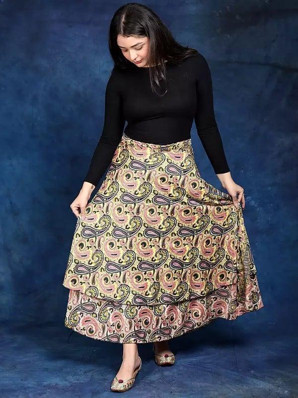 Exotic India Double Layer Wrap-Around Long Skirt With Floral Print 