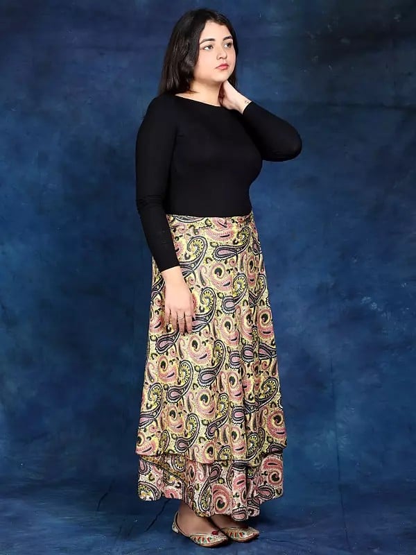 Exotic India Double Layer Wrap-Around Long Skirt With Floral Print 