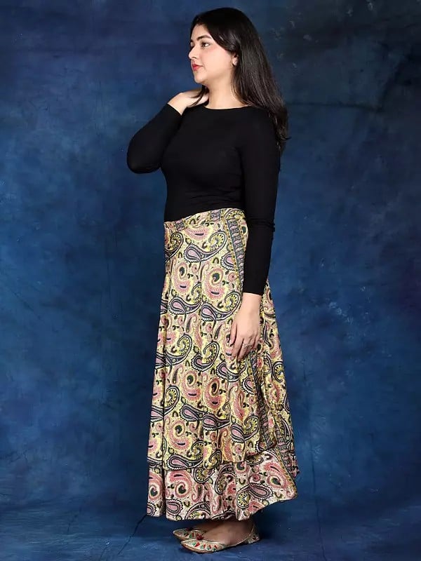 Exotic India Double Layer Wrap-Around Long Skirt With Floral Print 