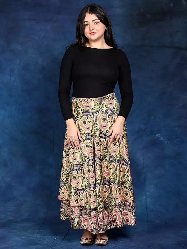 exotic india Double Layer Wrap-Around Long Skirt with Floral Print 
