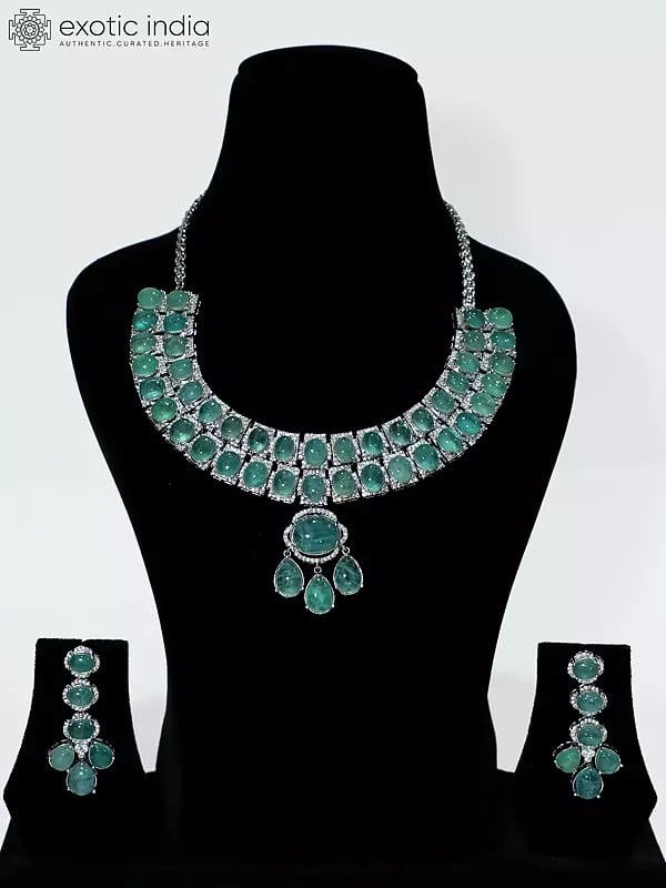 exotic india Double Layered Elegant Stone Studded Kundan Necklace Set With Earrings 