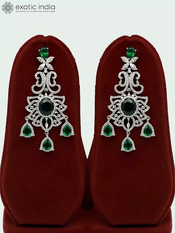 Exotic India Double Layered Floral Design Stone Studded American Diamond Necklace Set With Earrings 