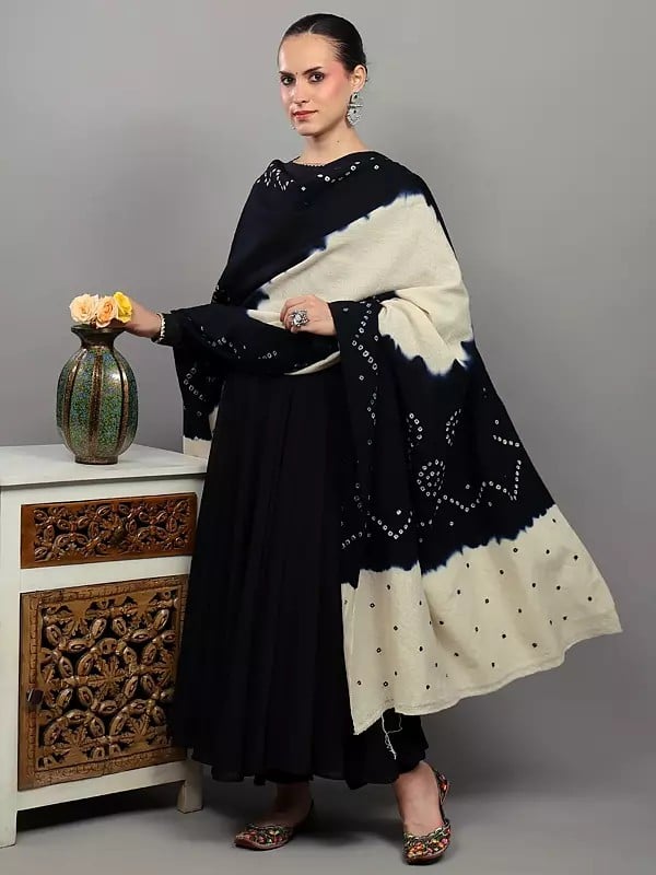 Exotic India Double Shaded Bandhani Tie-Dye Shawl With Mirror Embroidered Palla From Gujarat 