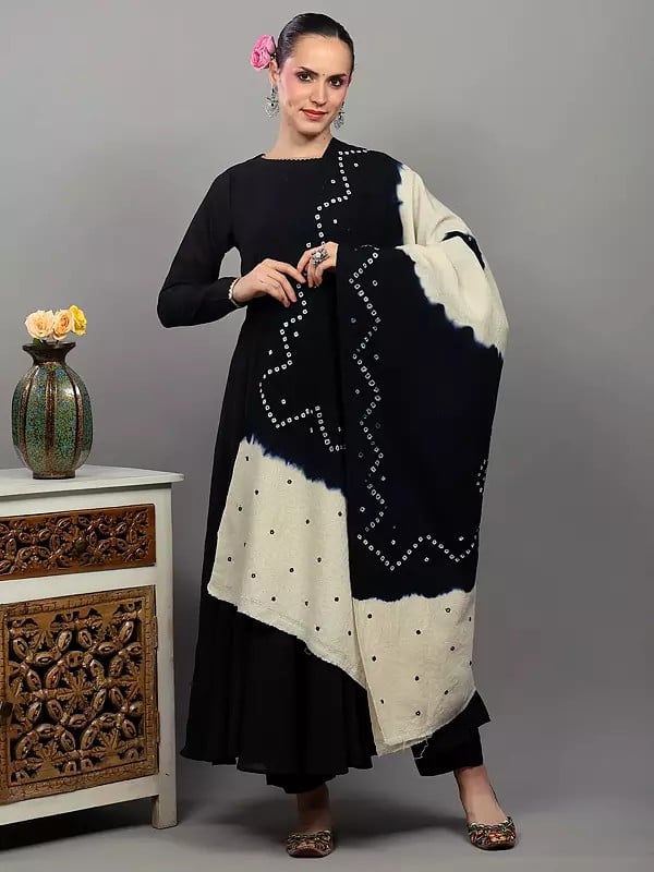 Exotic India Double Shaded Bandhani Tie-Dye Shawl With Mirror Embroidered Palla From Gujarat 