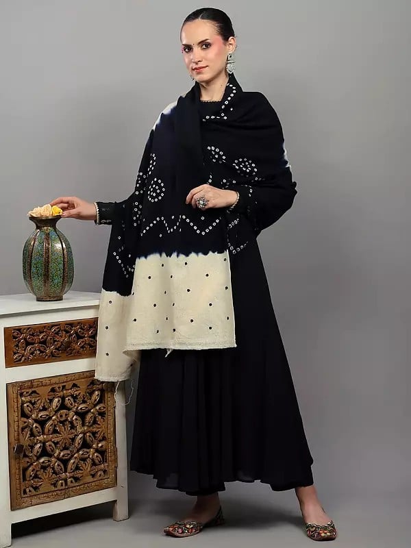 Exotic India Double Shaded Bandhani Tie-Dye Shawl With Mirror Embroidered Palla From Gujarat 