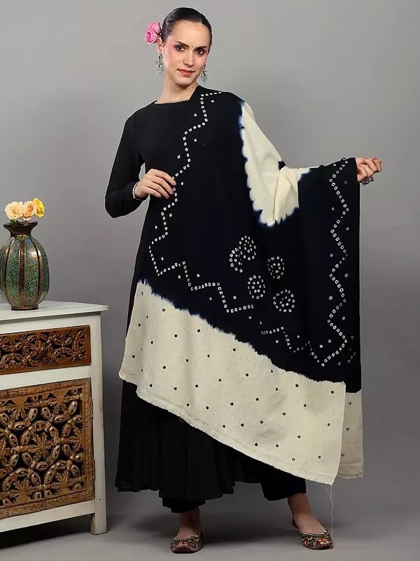 exotic india Double Shaded Bandhani Tie-Dye Shawl with Mirror Embroidered Palla from Gujarat 