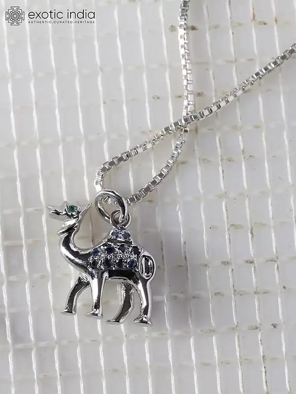 Exotic India Double-Sided Camel Pendant With Emerald And Sapphire Gemstone 