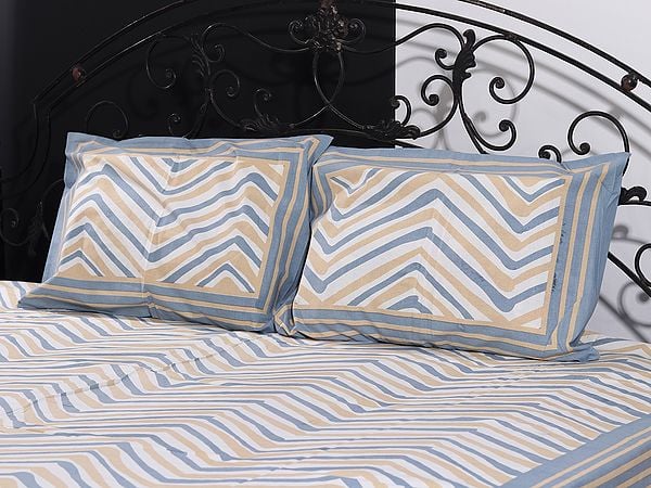 Exotic India Dove-White Chevron Pattern Multicolor Handblock Printed Cotton Queen Size Bedsheet With Two Pillow Cover