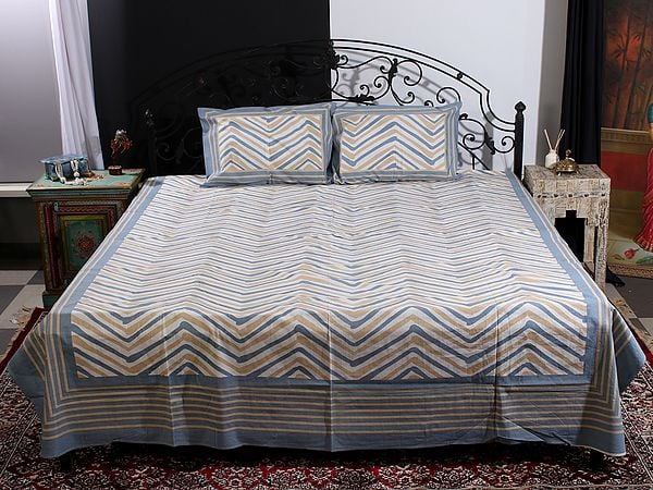 exotic india Dove-White Chevron Pattern Multicolor Handblock Printed Cotton Queen Size Bedsheet With Two Pillow Cover 