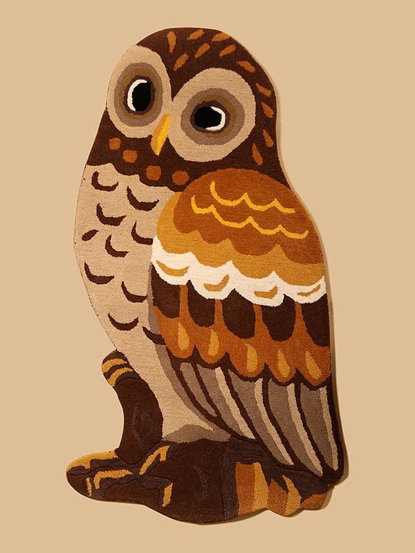 exotic india Downtown-Brown Owl Shaped Tufted Yogic Asana Mat from Mirzapur