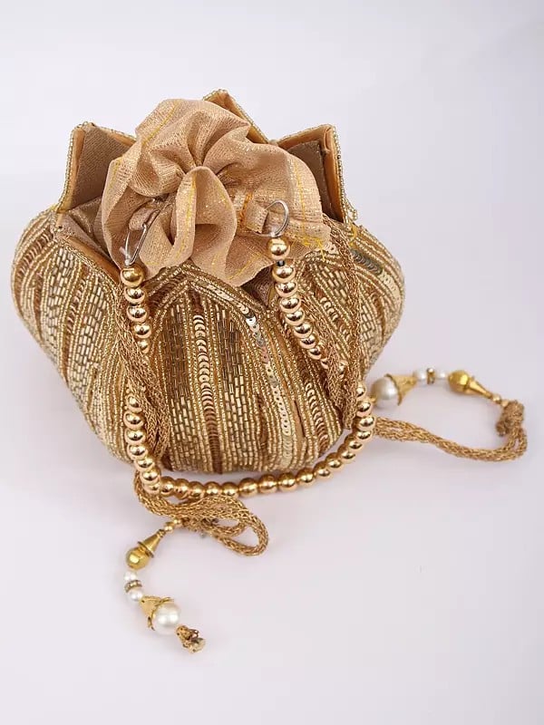 Exotic India Drawstring Bridal Lotus Potli Bag With Bead And Sequins Embroidery