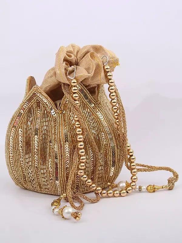 exotic india Drawstring Bridal Lotus Potli Bag with Bead and Sequins Embroidery 