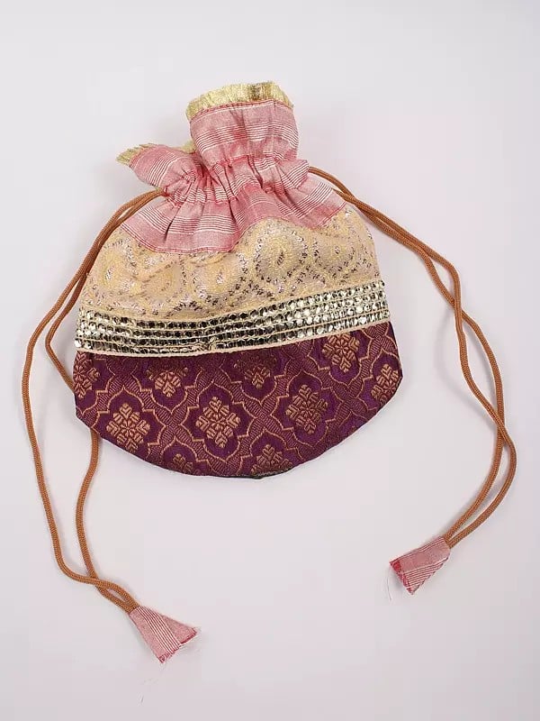 Exotic India Drawstring Potli Bags With Brocaded Floral Motifs And Lace Work
