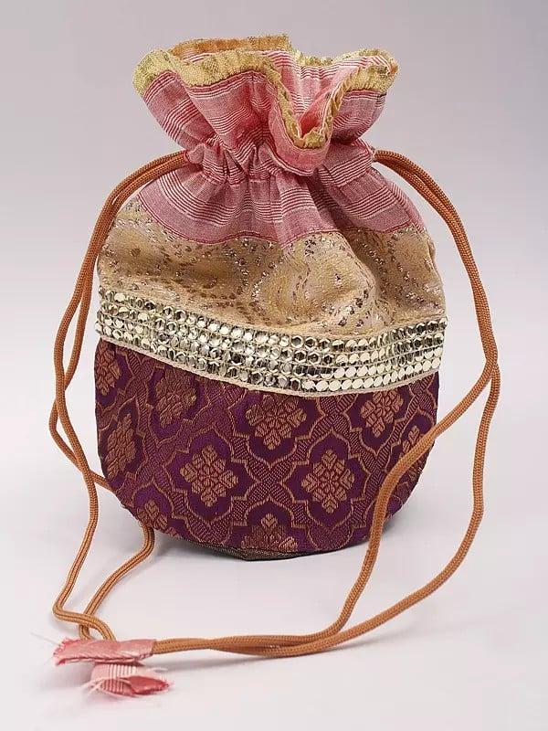 exotic india Drawstring Potli Bags with Brocaded Floral Motifs and Lace Work 