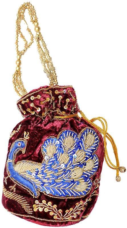 exotic india Drawstring Potli Bags with Zardozi Embroidered Peacock and Sequins 