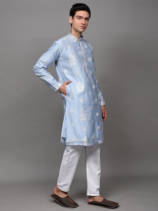 Exotic India Dream-Blue Sequins-Thread Embroidered Kurta Pajama Set With Side Pockets 