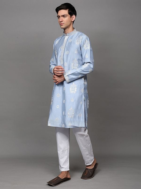 Exotic India Dream-Blue Sequins-Thread Embroidered Kurta Pajama Set With Side Pockets 
