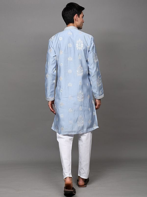 Exotic India Dream-Blue Sequins-Thread Embroidered Kurta Pajama Set With Side Pockets 
