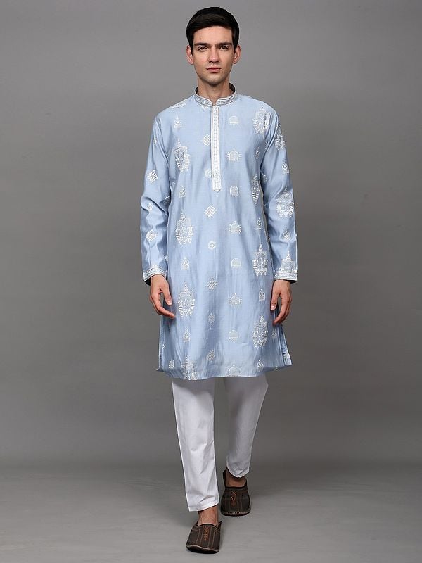 exotic india Dream-Blue Sequins-Thread Embroidered Kurta Pajama Set with Side Pockets 