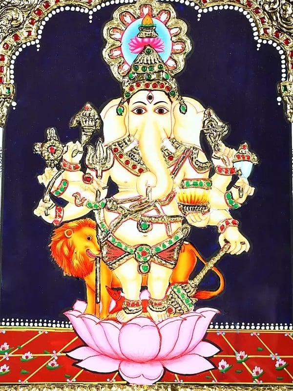Exotic India Drishti Ganesha | 24 Karat Gold Work | Framed Tanjore Painting