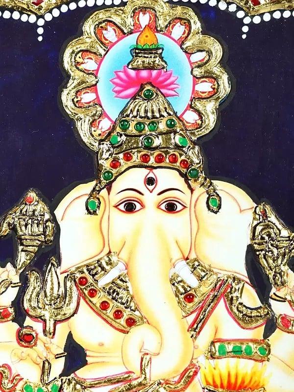 Exotic India Drishti Ganesha | 24 Karat Gold Work | Framed Tanjore Painting