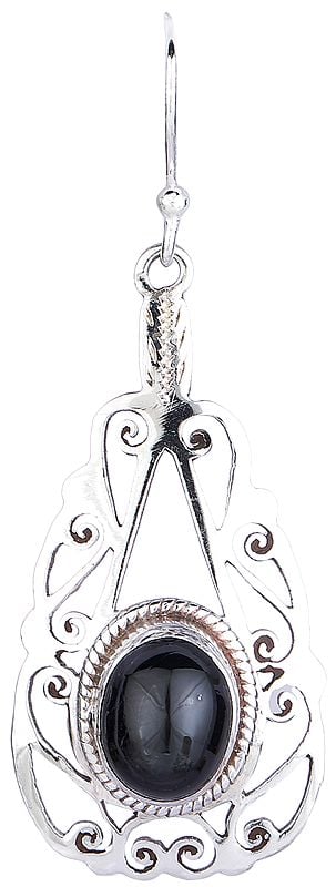 Exotic India Drop Shaped Sterling Silver Earrings With Black Onyx