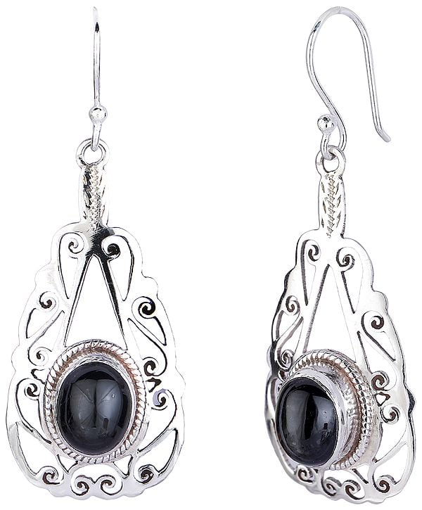 exotic india Drop Shaped Sterling Silver Earrings with Black Onyx 