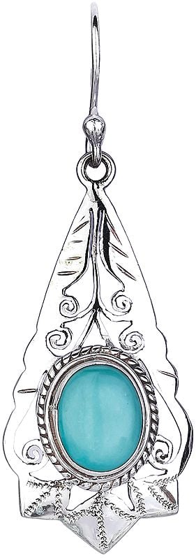 Exotic India Drop Shaped Sterling Silver Earrings With Tibetan Turquoise 