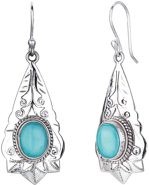 exotic india Drop Shaped Sterling Silver Earrings with Tibetan Turquoise 