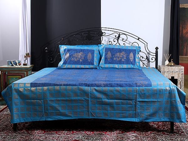 Exotic India Dual Blue Color Gold Handblock Printed Elephant-Floral-Abstract Motif Cotton Queen Size Bedsheet With Two Pillow Cover 