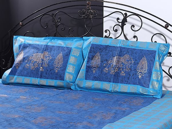 Exotic India Dual Blue Color Gold Handblock Printed Elephant-Floral-Abstract Motif Cotton Queen Size Bedsheet With Two Pillow Cover 