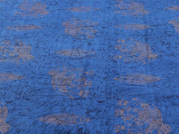 Exotic India Dual Blue Color Gold Handblock Printed Elephant-Floral-Abstract Motif Cotton Queen Size Bedsheet With Two Pillow Cover 
