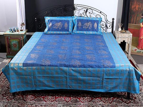 exotic india Dual Blue Color Gold Handblock Printed Elephant-Floral-Abstract Motif Cotton Queen Size Bedsheet With Two Pillow Cover 