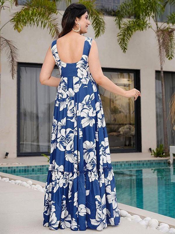 Exotic India Dusk-Blue Heavy Rayon Attractive Floral Motifs Print Casual Wear Gown