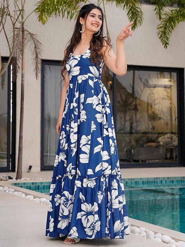 exotic india Dusk-Blue Heavy Rayon Attractive Floral Motifs Print Casual Wear Gown 