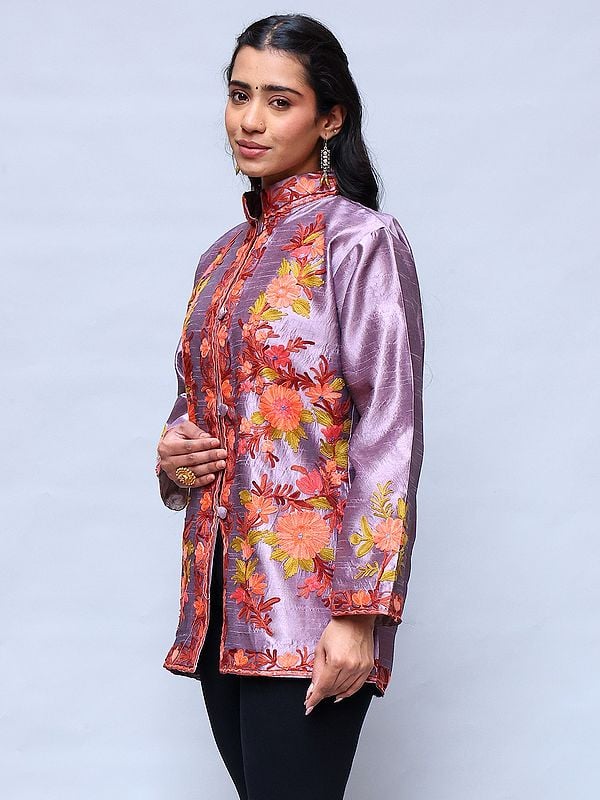 Exotic India Dusky-Orchid Short Jacket With Floral Aari Embroidery From Kashmir 