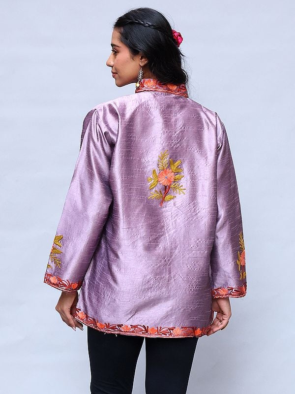 Exotic India Dusky-Orchid Short Jacket With Floral Aari Embroidery From Kashmir 