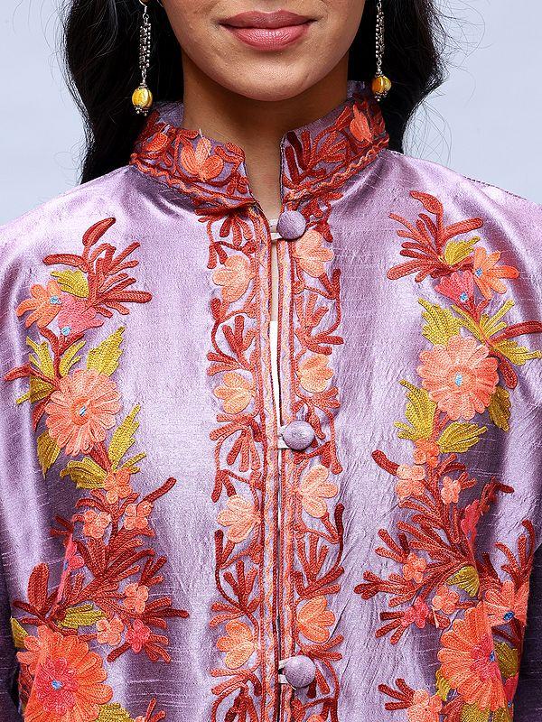 Exotic India Dusky-Orchid Short Jacket With Floral Aari Embroidery From Kashmir 