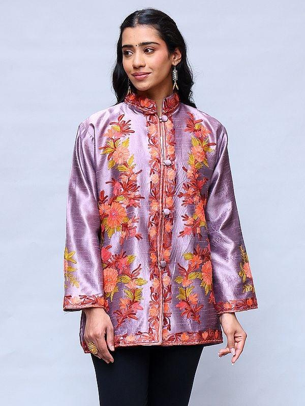 exotic india Dusky-Orchid Short Jacket with Floral Aari Embroidery from Kashmir 