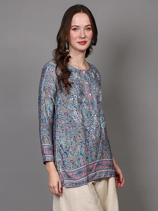 Exotic India Dusty-Blue Floral Embroidered Short Kurti With Printed Motifs 