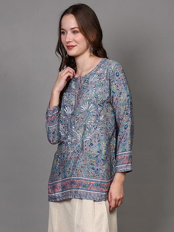 Exotic India Dusty-Blue Floral Embroidered Short Kurti With Printed Motifs 