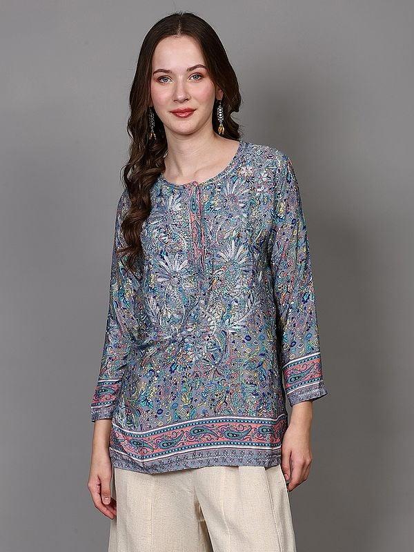Exotic India Dusty-Blue Floral Embroidered Short Kurti With Printed Motifs 