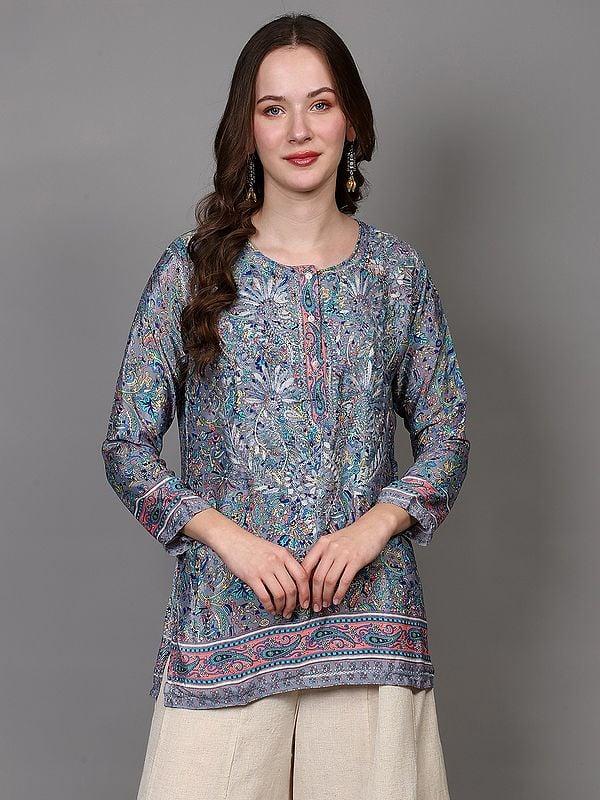 exotic india Dusty-Blue Floral Embroidered Short Kurti with Printed Motifs 