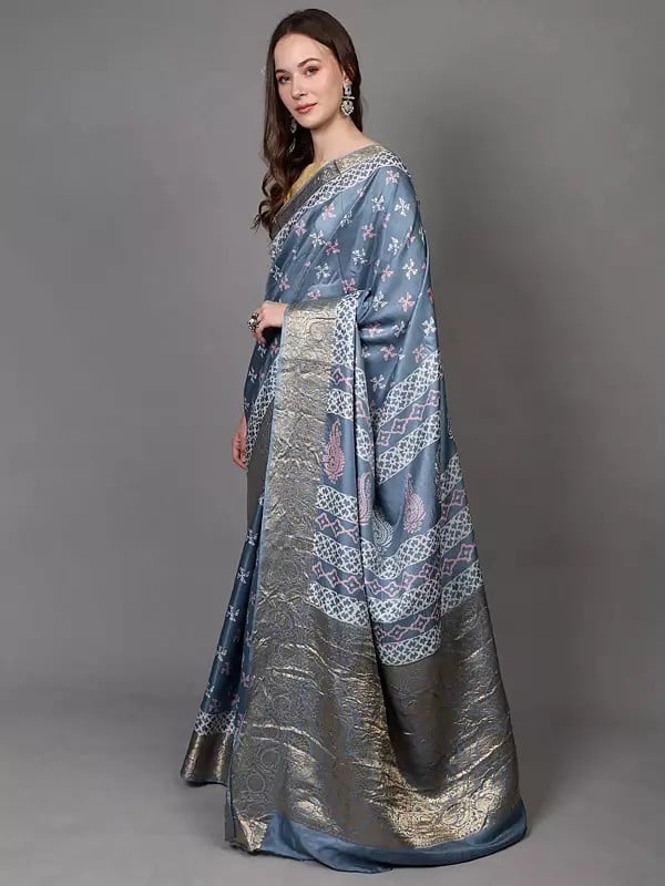 Exotic India Dusty-Blue Floral Vine Zari Woven Saree With Printed Motifs From Madhya Pradesh 