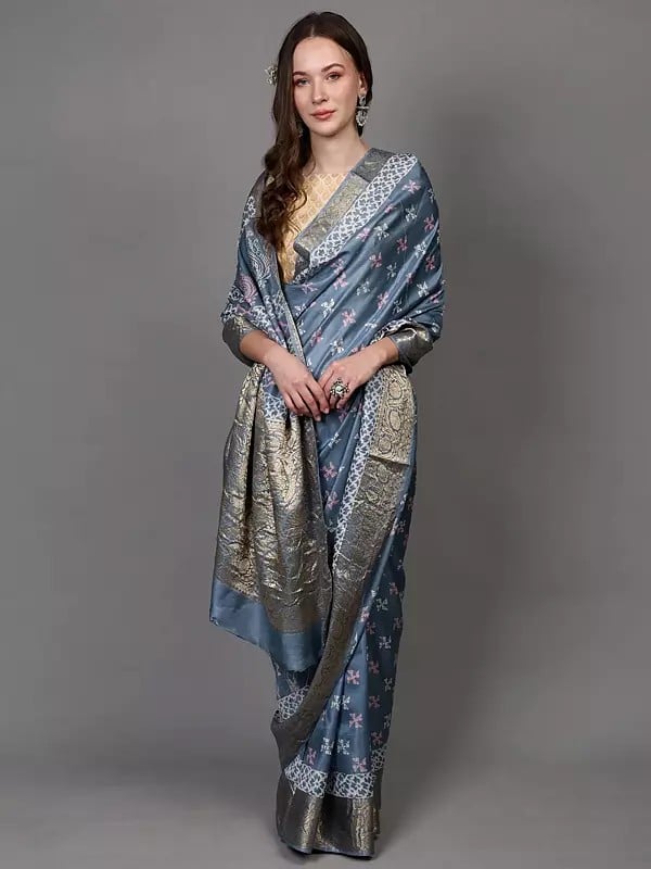 Exotic India Dusty-Blue Floral Vine Zari Woven Saree With Printed Motifs From Madhya Pradesh 