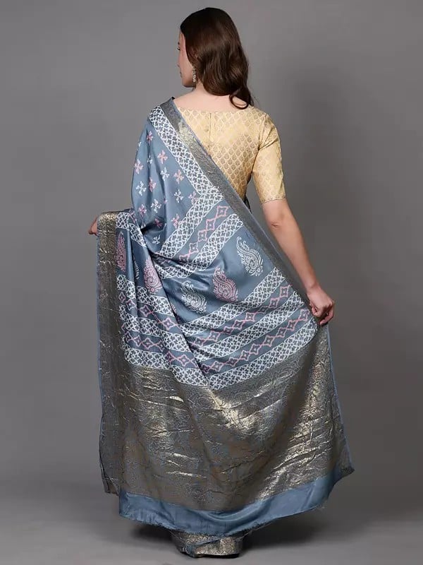 Exotic India Dusty-Blue Floral Vine Zari Woven Saree With Printed Motifs From Madhya Pradesh 