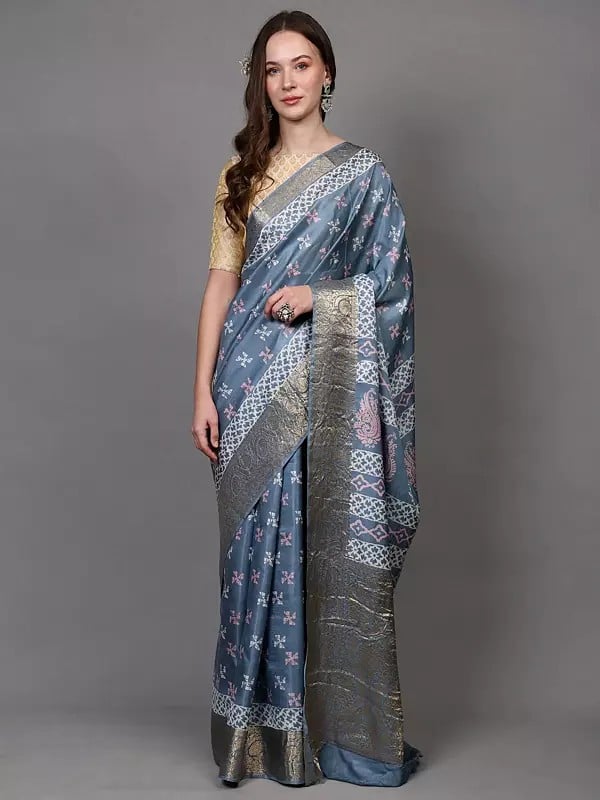 exotic india Dusty-Blue Floral Vine Zari woven Saree with Printed Motifs from Madhya Pradesh 