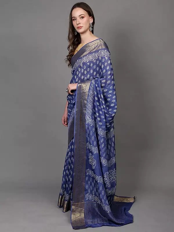 Exotic India Dutch-Blue Dola Silk Saree With Dabu Block Print And Zari Woven Floral Vine Border 