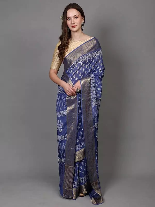 Exotic India Dutch-Blue Dola Silk Saree With Dabu Block Print And Zari Woven Floral Vine Border 
