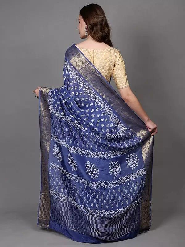 Exotic India Dutch-Blue Dola Silk Saree With Dabu Block Print And Zari Woven Floral Vine Border 